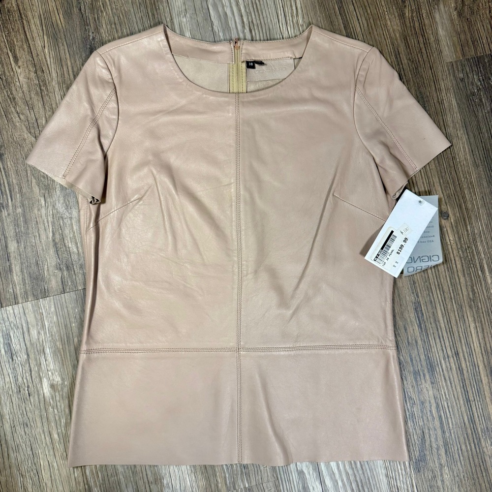 Quiet Luxury Pearl Blush Genuine Leather Short Sleeve Edgy Top Blouse Sz 38 NWT